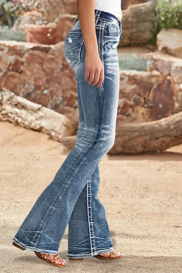 Wash Stretchy Ripped Detail Mid Waist Flare Jeans
