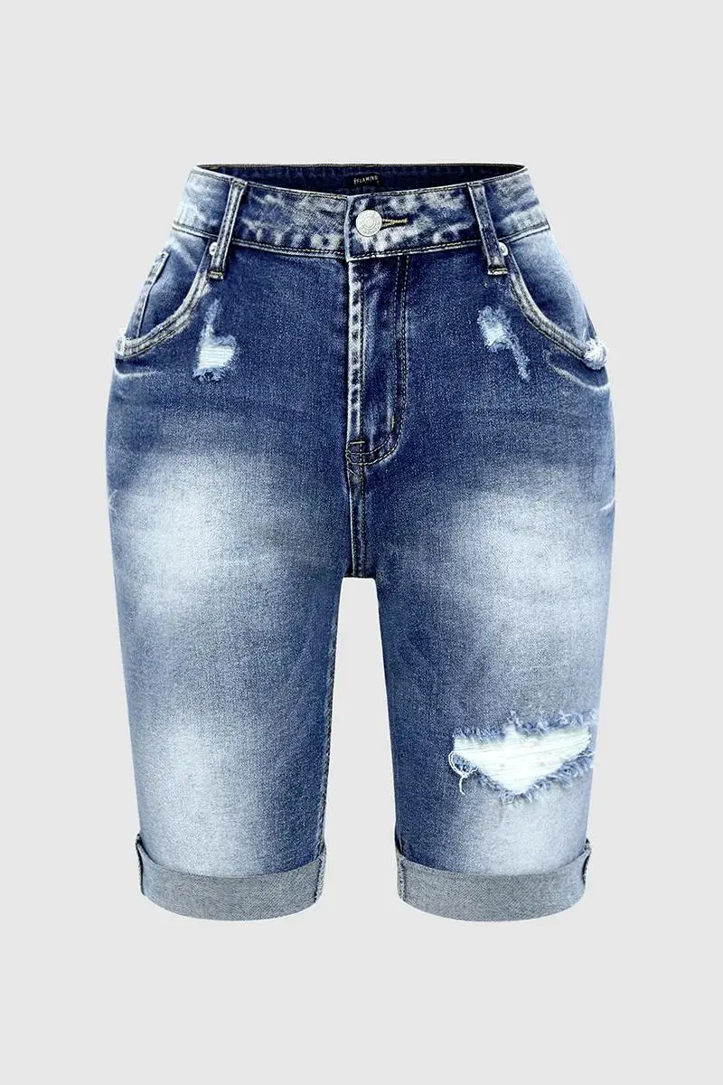 Ripped Roll Hem Mid Rise Denim Bermuda Shorts