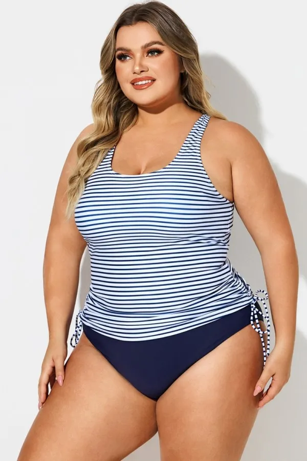 Plus Size Stripe Built-In Bra Racerback Tankini Top