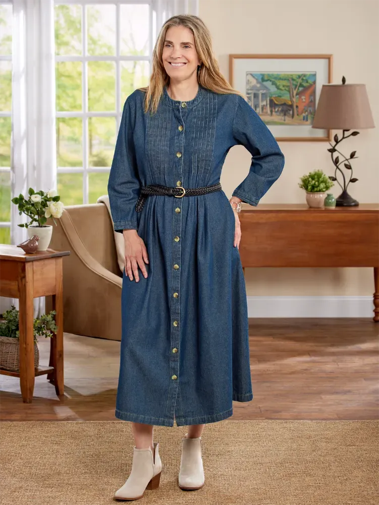 Pintuck Cotton Denim Dress