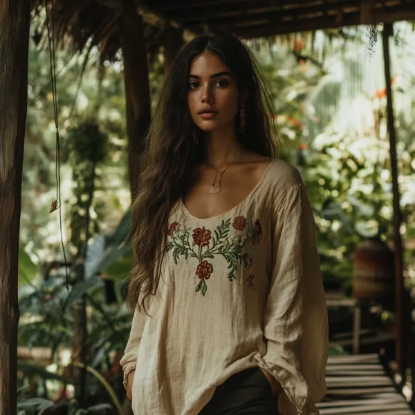 Vintage Bohemian Floral Embroidered Linen Crew Neck T-shirt