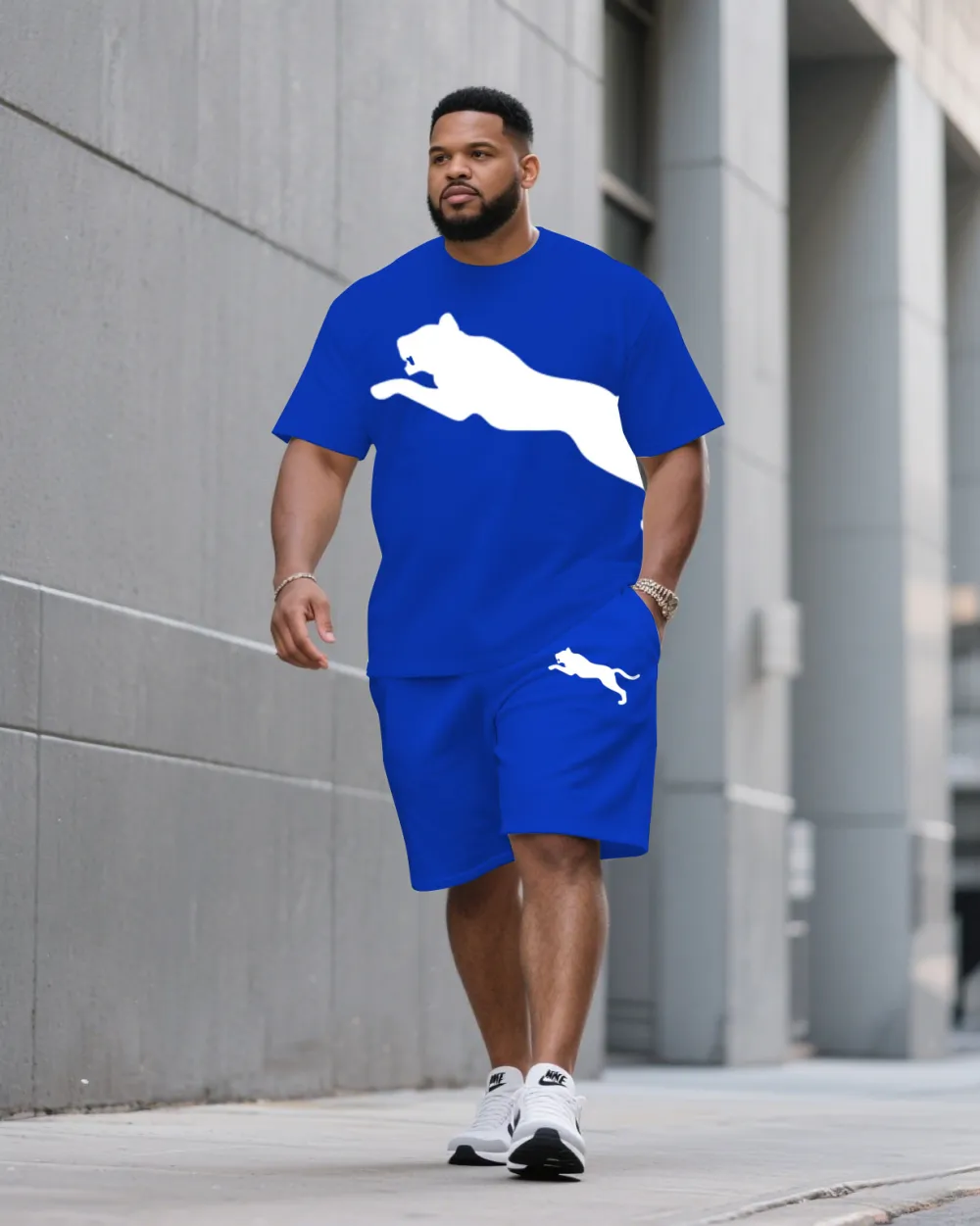 Big & Tall Men Blue Big Logo Front And Back Printed Crew Neck Short Sleeve T-Shirt Shorts Suit