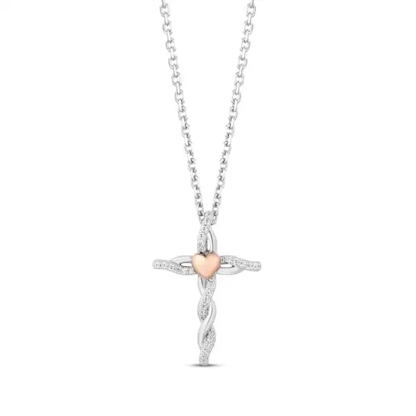 Hallmark Diamonds Cross Necklace 1/10 ct tw Sterling Silver & 10K Rose Gold 18