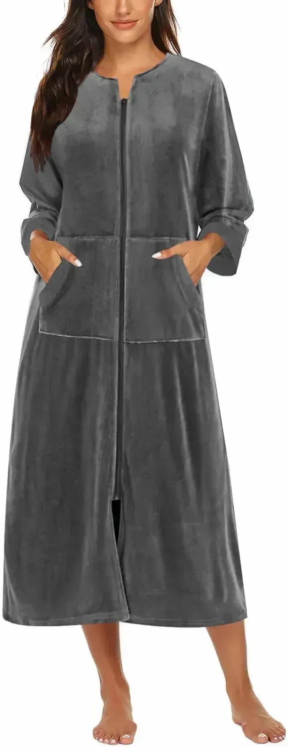Women Zipper Robe 3/4 Sleeves Loungewear Dress Full Length Sleepwear Pockets Housecoat Nightgown Long Bathrobe