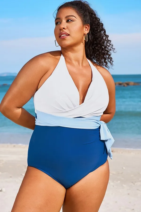 Colorblock Halter Wrap Design One Piece Swimsuit