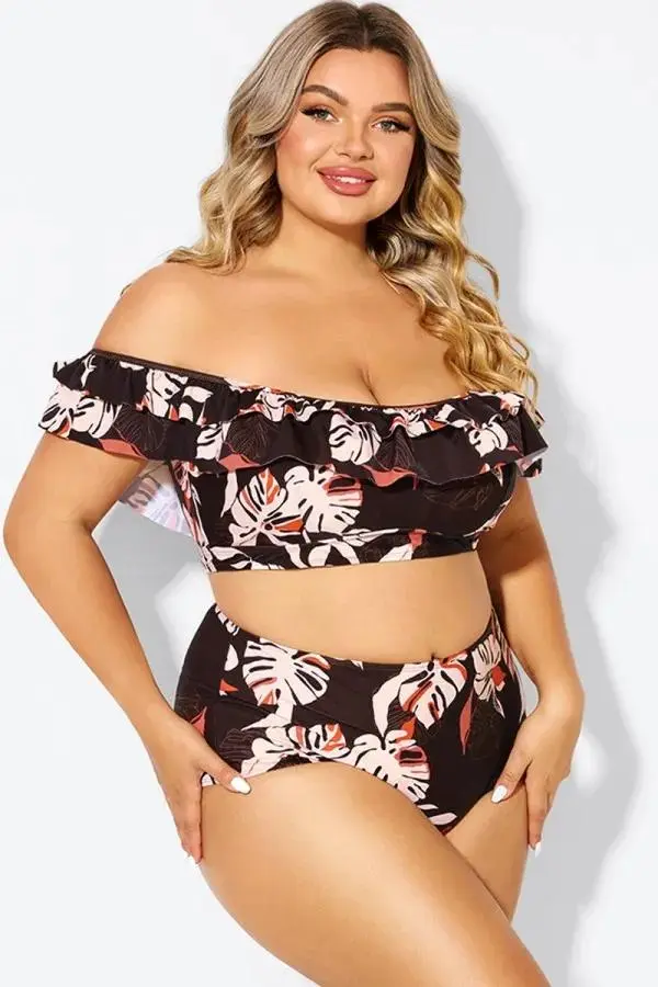 Flower Print Ruffle Women Bikini Top