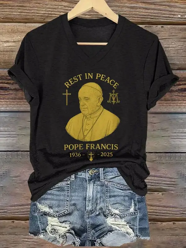 Women's Rest In Peace 1936-2025 Print Short Sleeve V-Neck Cotton T-Shirt