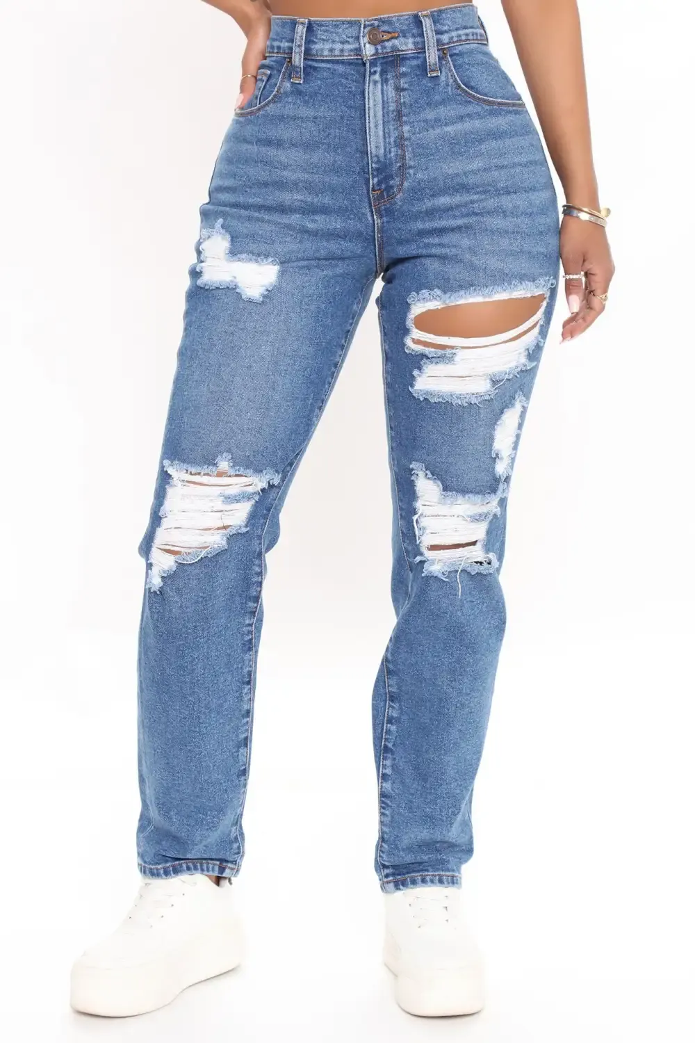 Because I Said So Destroyed Mom Jeans - Medium Blue Wash