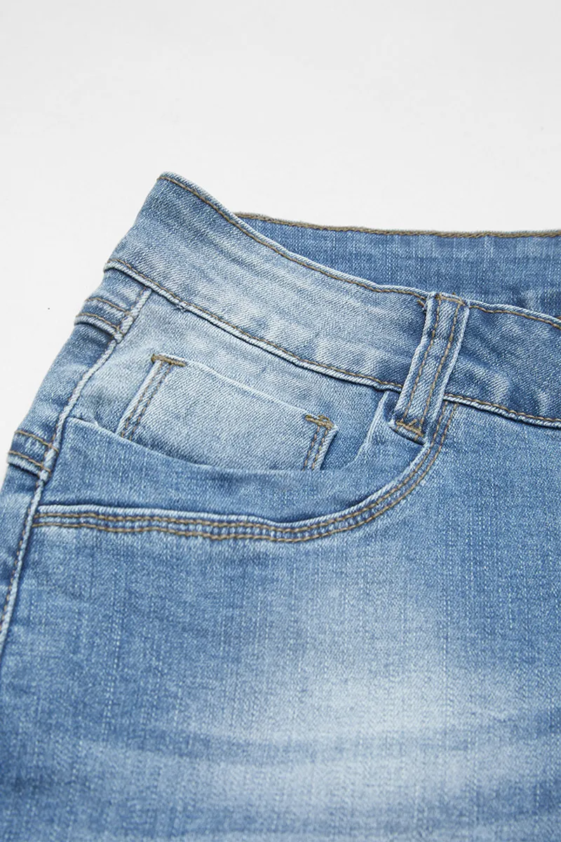 Lace Trim Raw Hem Mid Waist Denim Mid Thigh Shorts