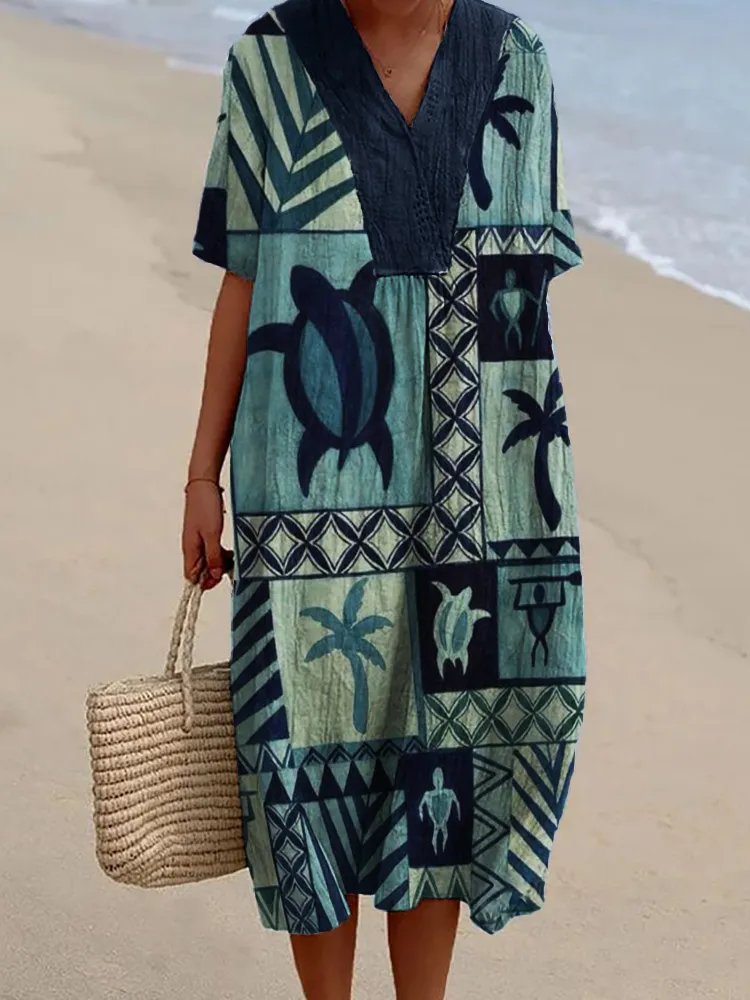 Sea Turtles & Palm Trees Geometric Art Flowy Linen Blend Dress