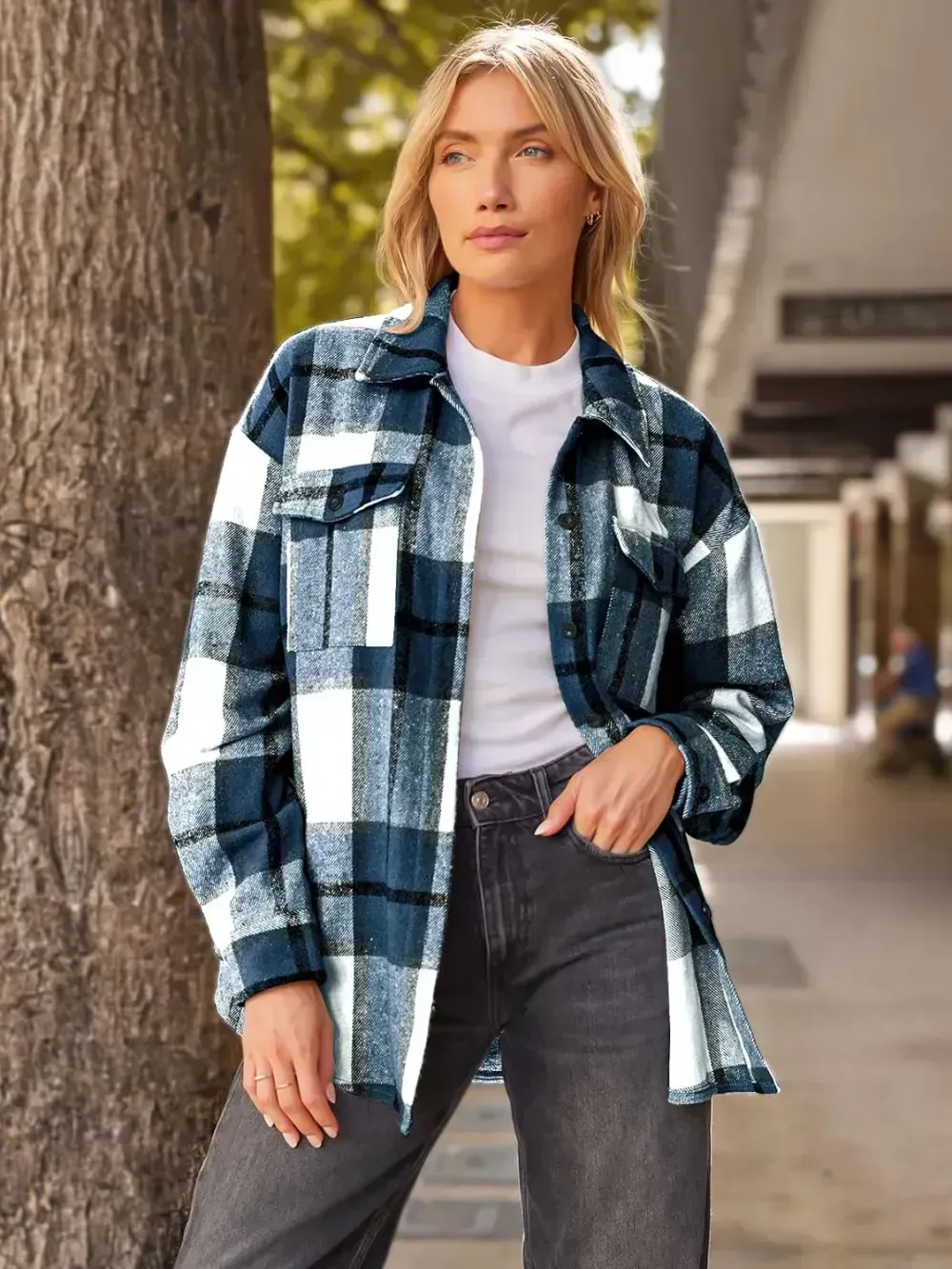 Womens Casual Plaid Shacket Button Down Long Sleeve Shirt