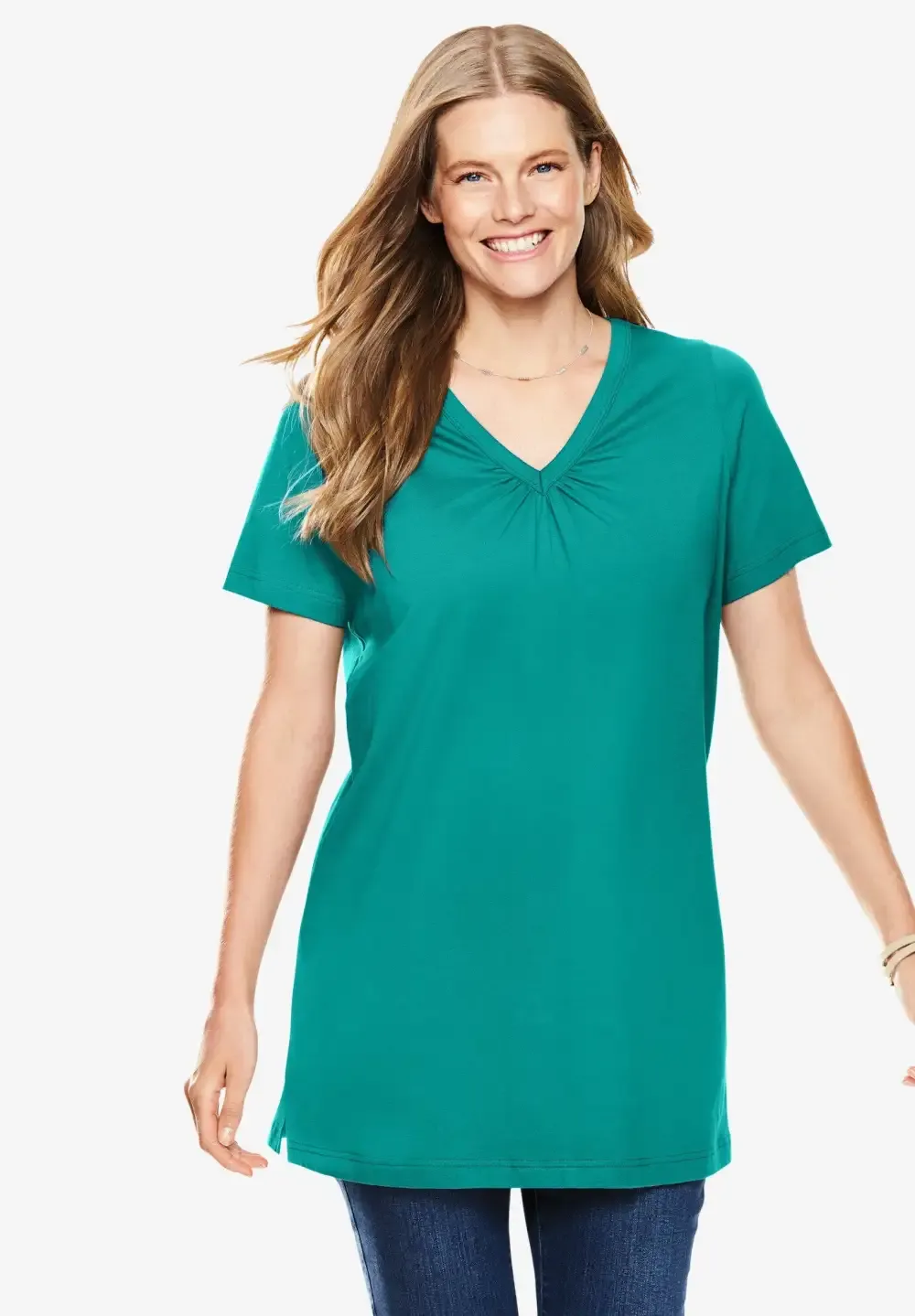 Perfect Short-Sleeve Shirred V-Neck Tunic