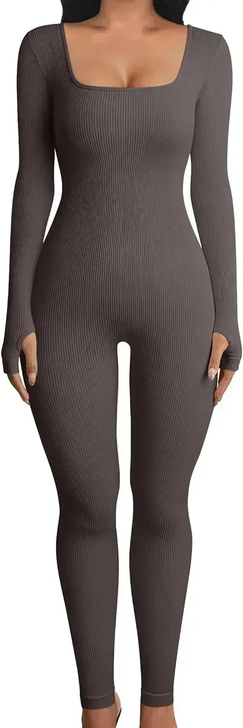 Women Yoga Jumpsuits Workout Ribbed Long Sleeve Sport Jumpsuits