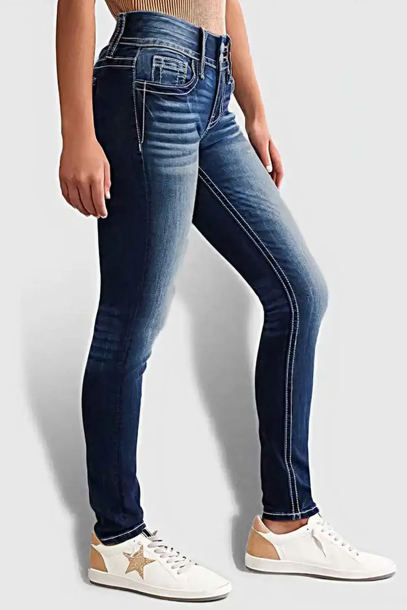 Double Button Wash High Stretch Mid Waist Skinny Jeans