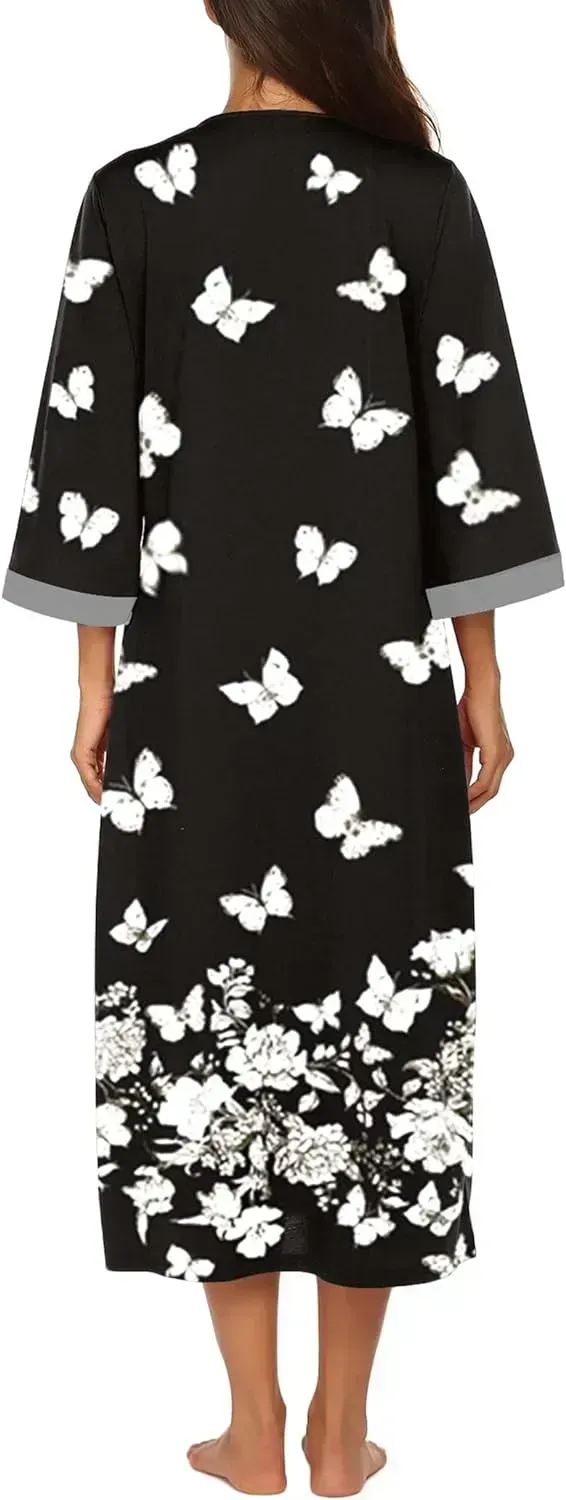 Women Zipper Robe 3/4 Sleeves Loungewear Dress Full Length Sleepwear Pockets Housecoat Nightgown Long Bathrobe