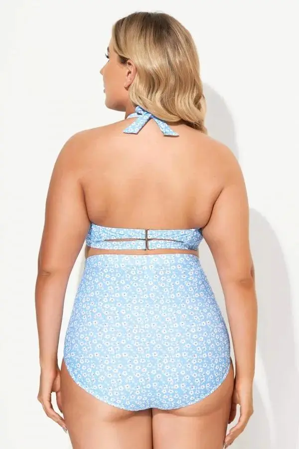 Blue Floral High Waist Bikini Set for Lady