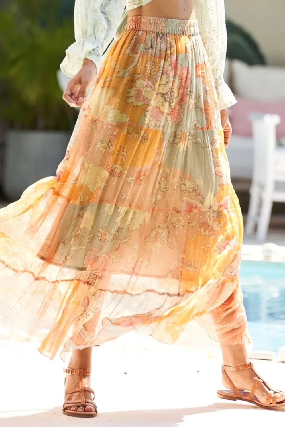 Light Green And Orange Tie Dye Crop Top And Maxi Skirt Set