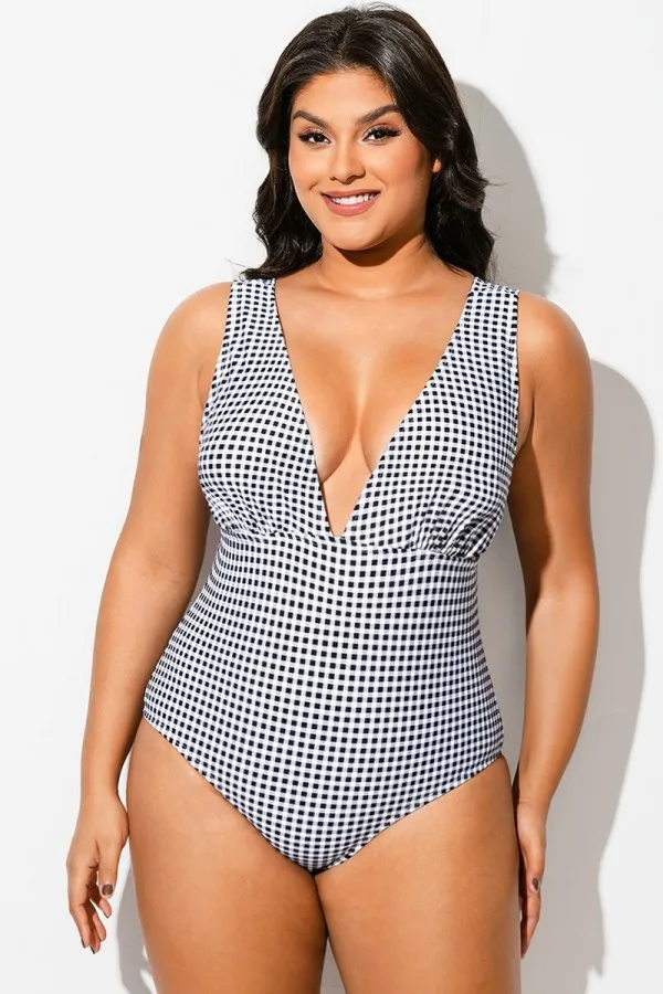 Gingham V-neck Low-cut Leg One Piece Swimsuit