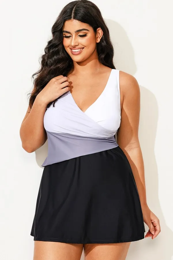 Plus Size Black & White V-Neck Colorblock Fit Swimdress