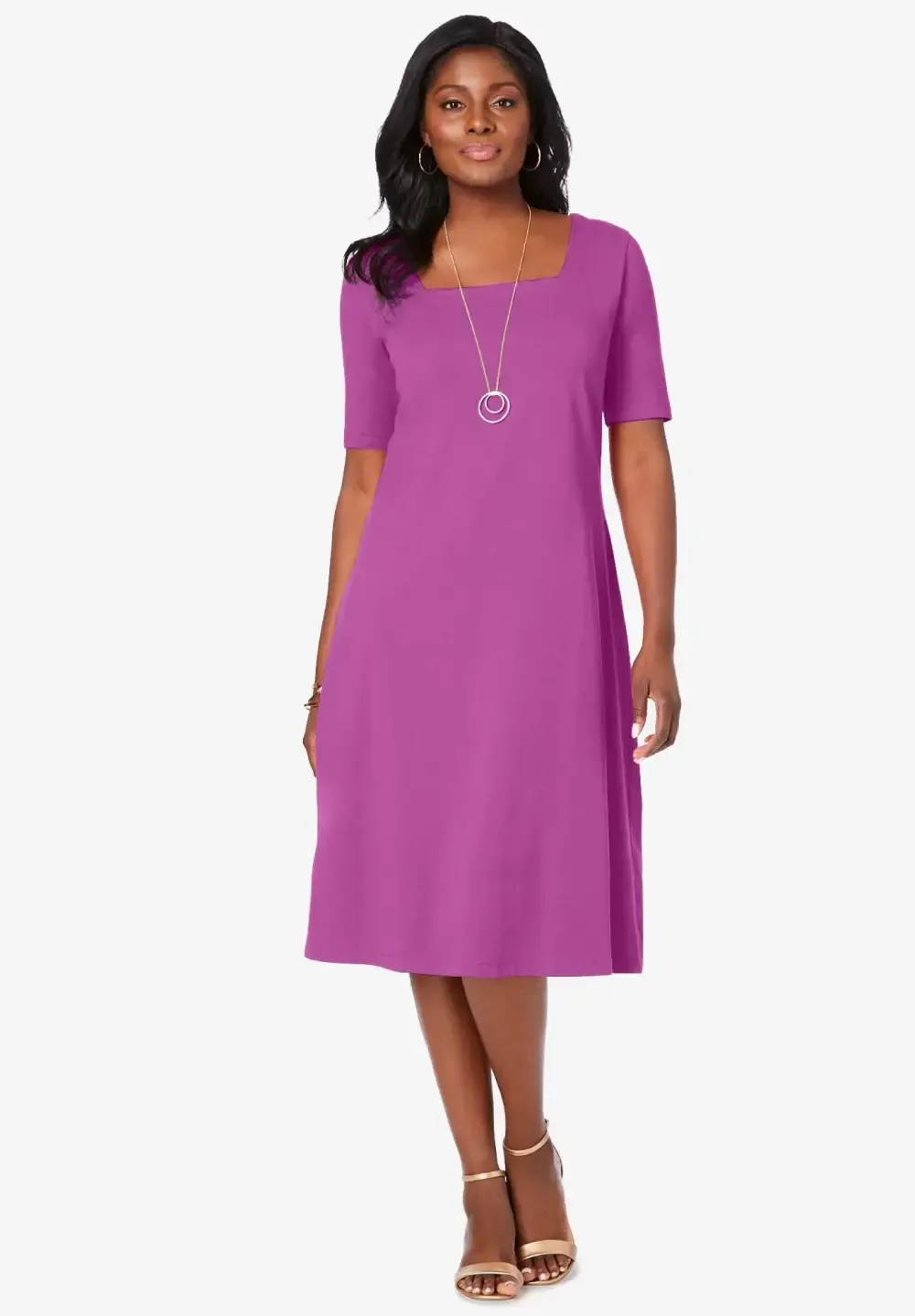 Stretch Cotton Square Neck Midi Dress