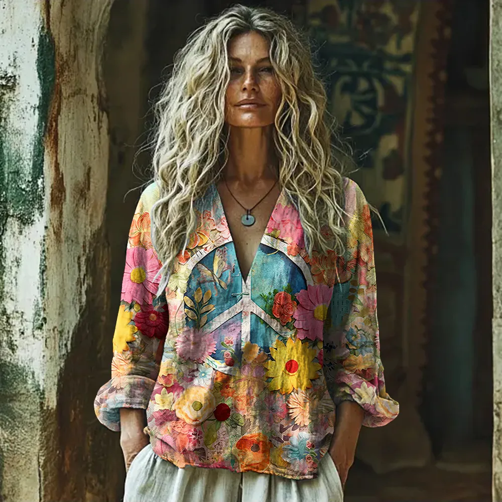 Vintage Hippie Vibe Peace And Love Hippie Floral Painting Art Linen V Neck Long Sleeve Shirt