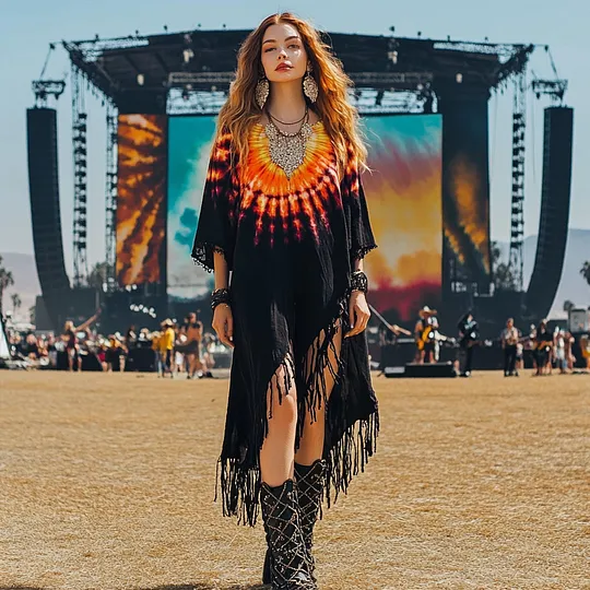Coachella Music Festival Rock Rave Party Tie-dye Pattern Cotton And Linen Dress