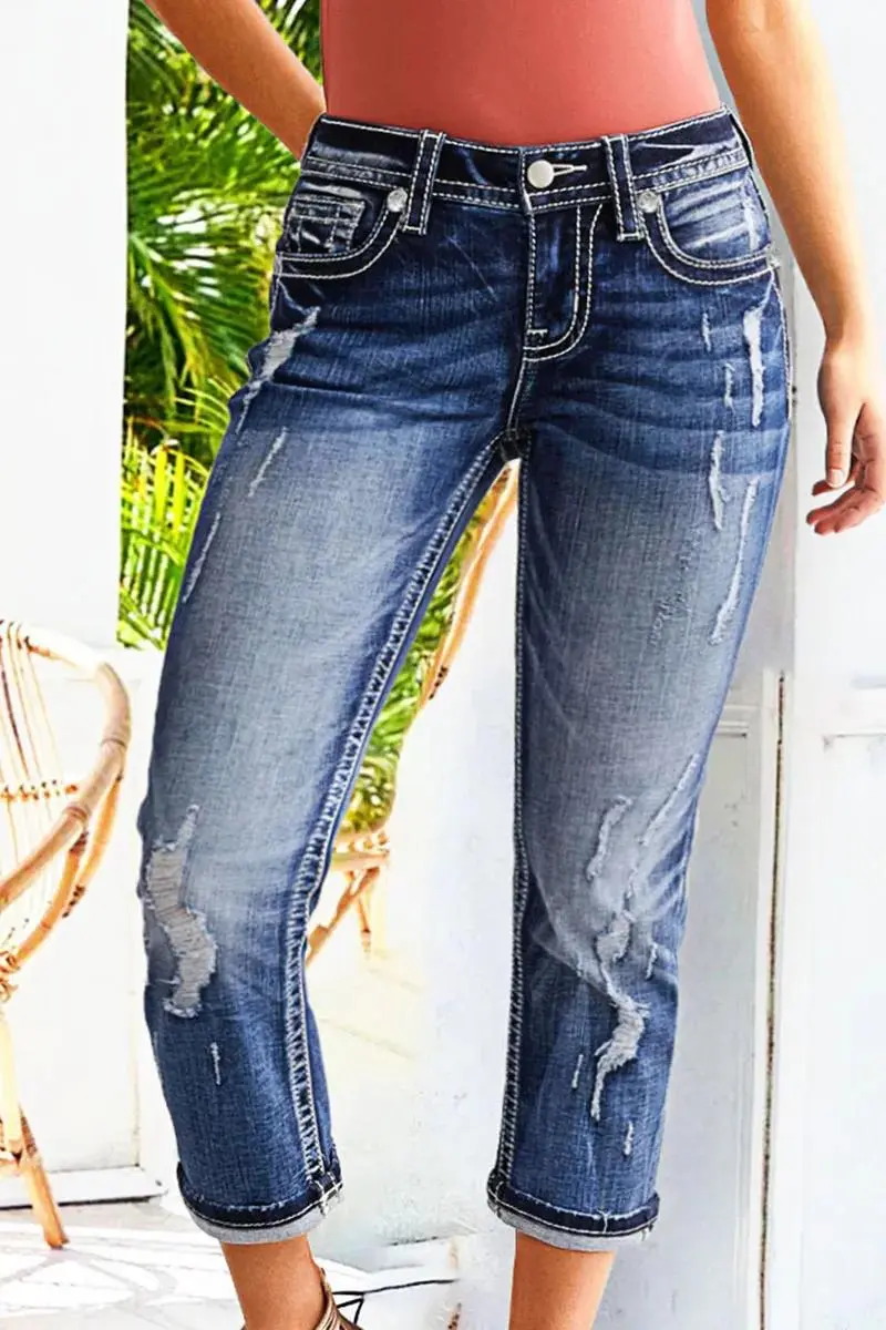 Wash Ripped Roll Hem Mid Waist Straight Leg Capri Jeans