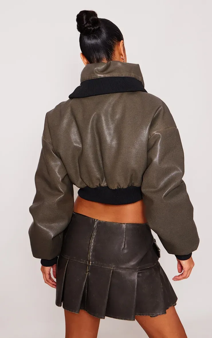 Dark Khaki Faux Leather Washed Cropped Foldover Puffer Jacket
