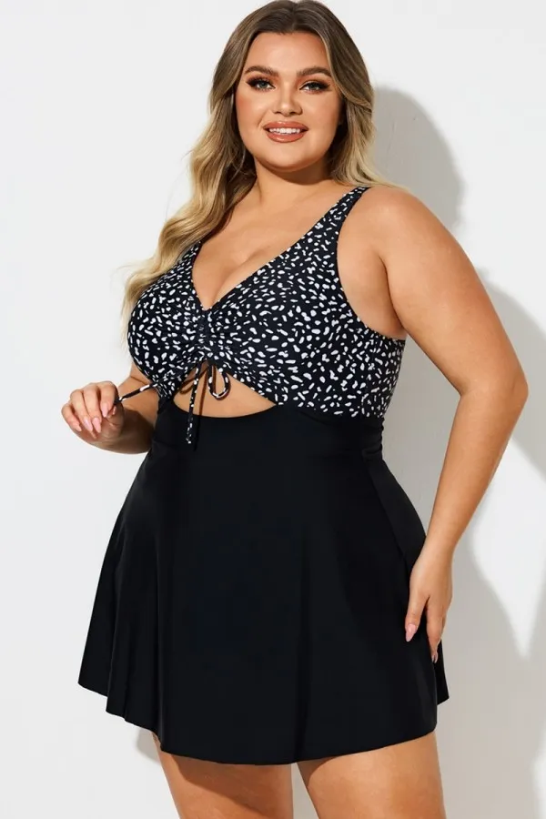 Dot Print V-Neck Lace Up Cut Out Swimdress