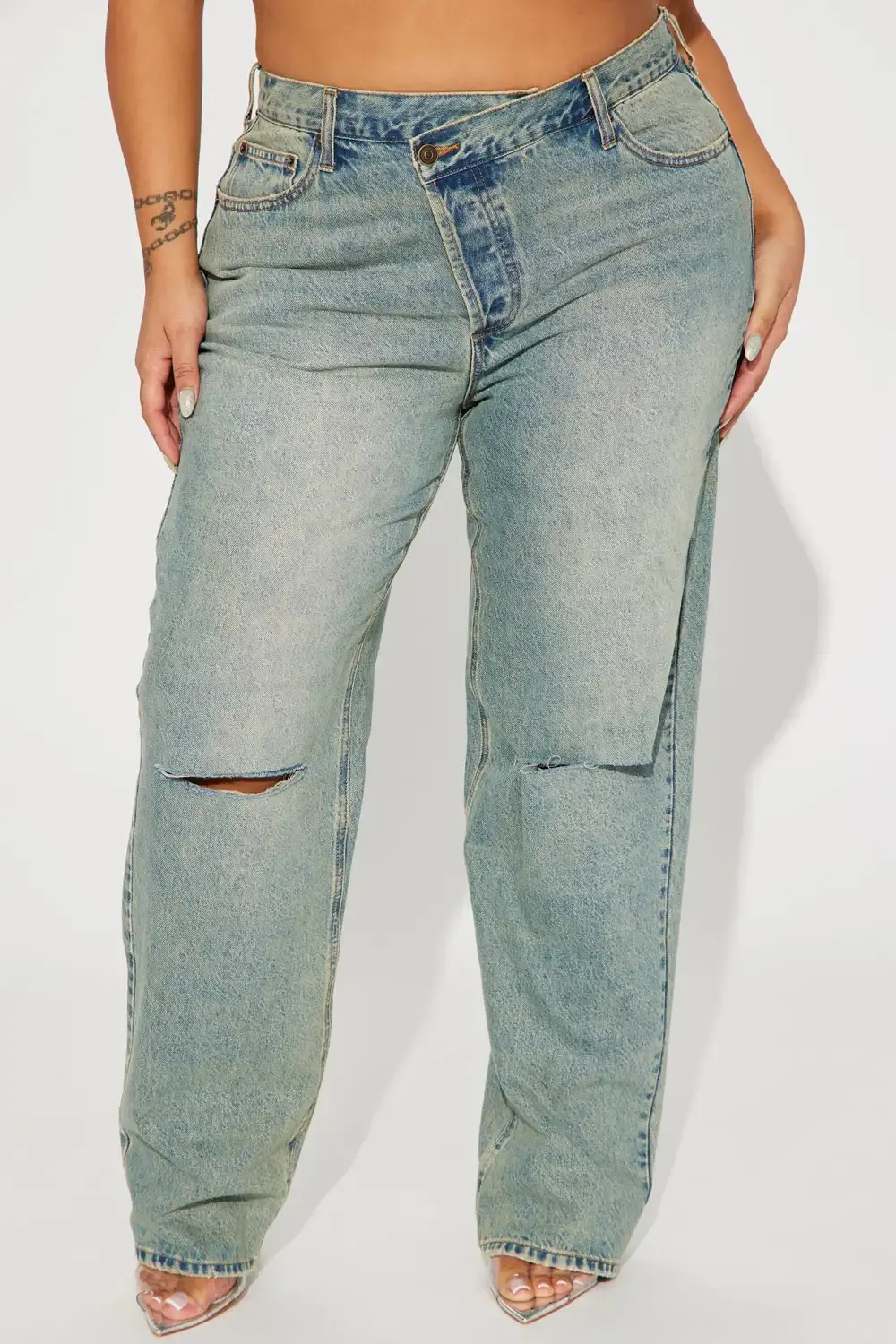 Crossover Tinted Ripped Straight Leg Jeans - Vintage Wash