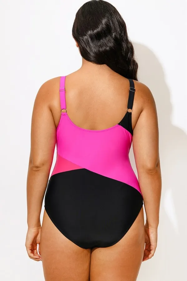 Black Pink Zip Front Colorblock One Piece Swimsuit