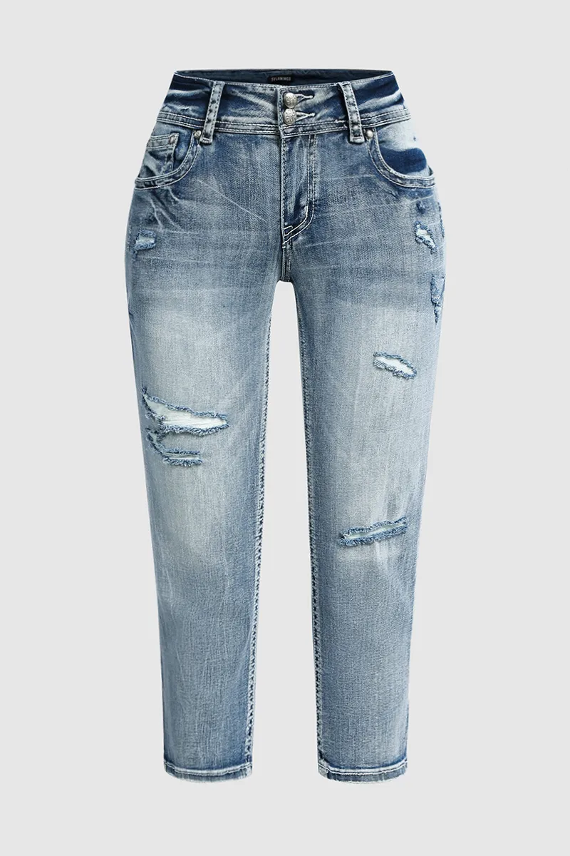 Wash Stretchy Ripped Flap Decor Low Waist Crop Jeans