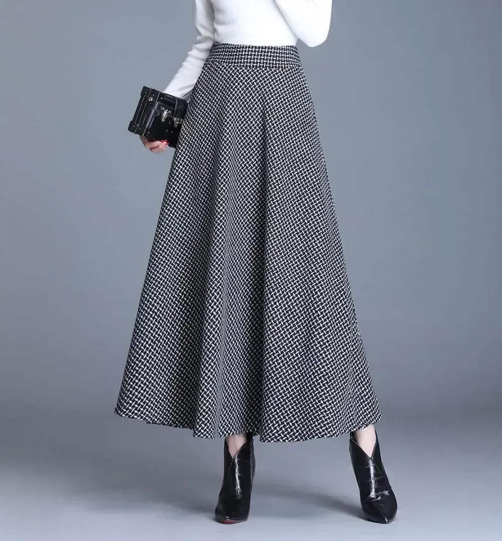 Women's Winter Elegant Warm Long Skirt Wool Maxi Skirts Elastic Waist A-Line High Waist Plaid Pleated Skirt S-3XL