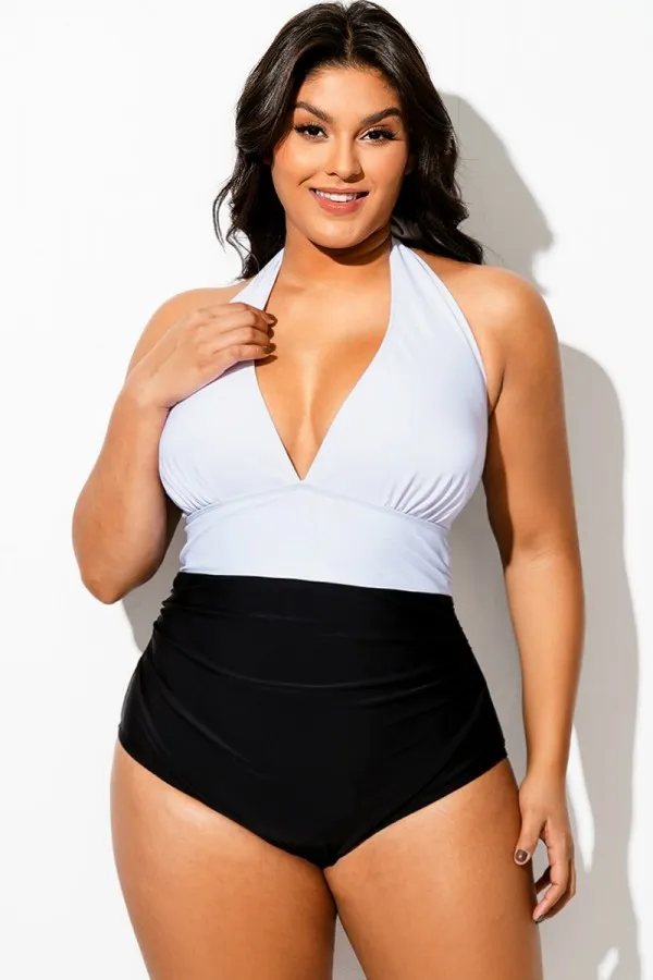Black & White Colorblock Halter Backless One Piece Swimsuit