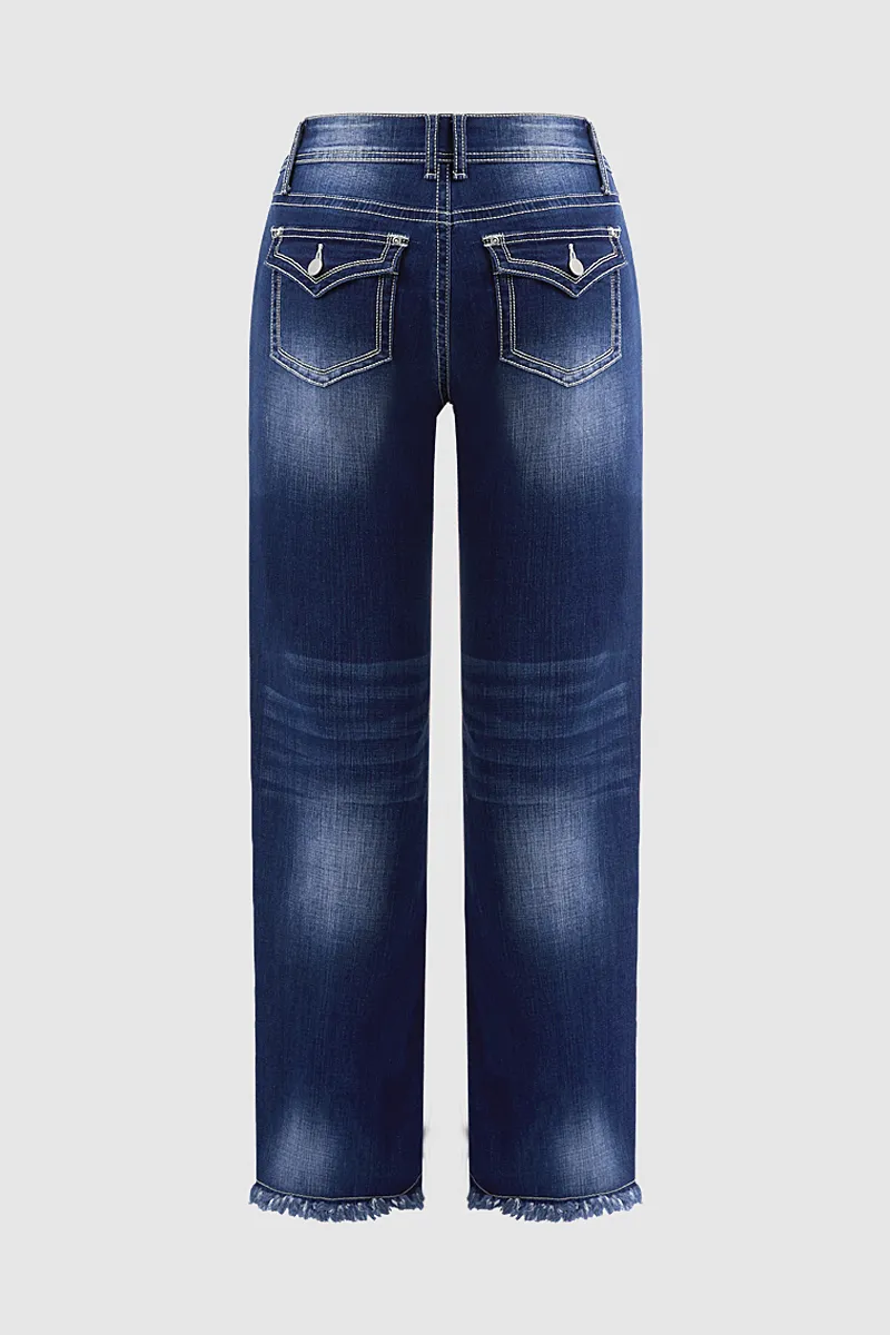 Raw Hem Double Button Mid Waist Straight Leg Jeans