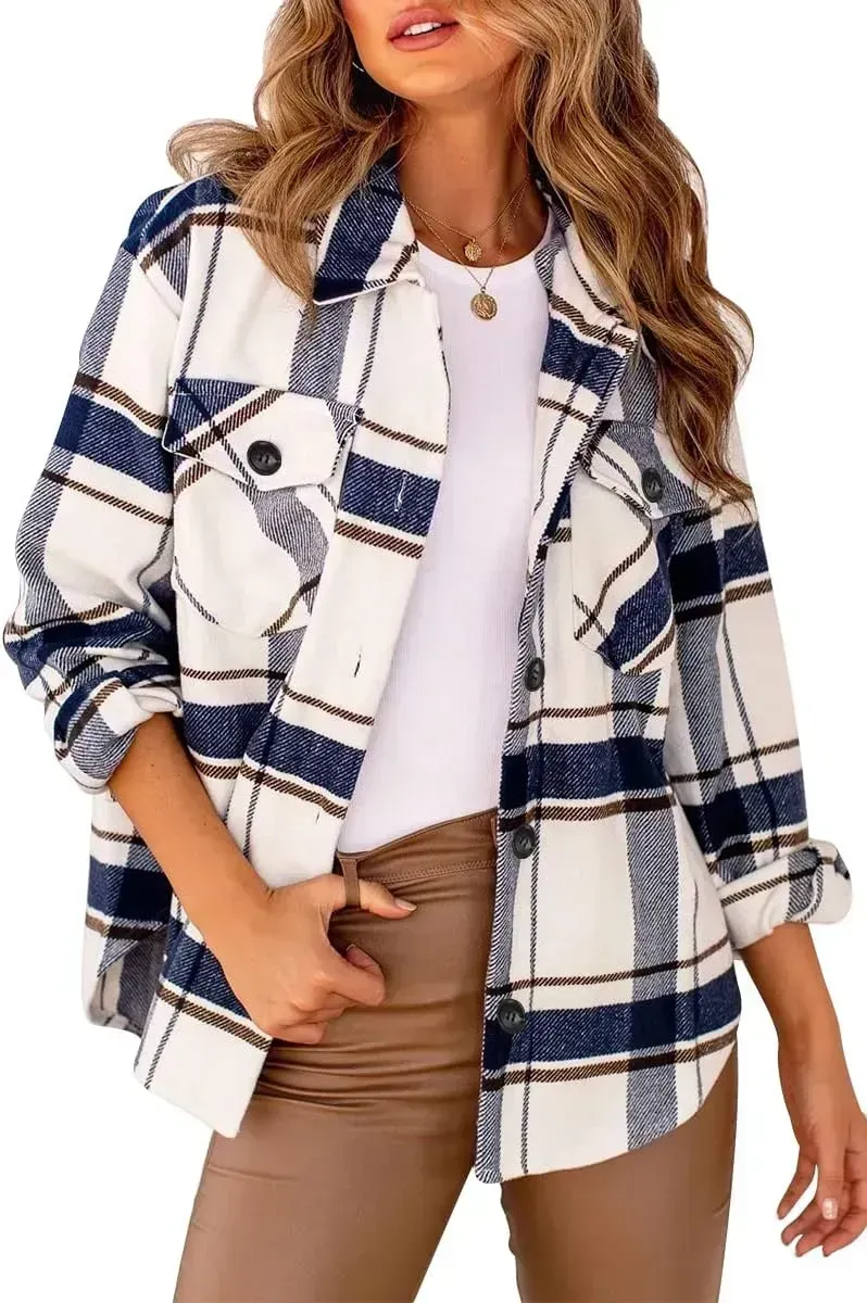 Womens Casual Plaid Shacket Button Down Long Sleeve Shirt