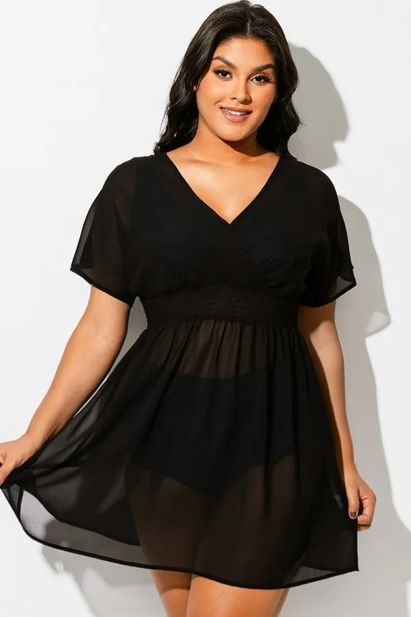Black Mesh Smocked Waist Cover Up Dress