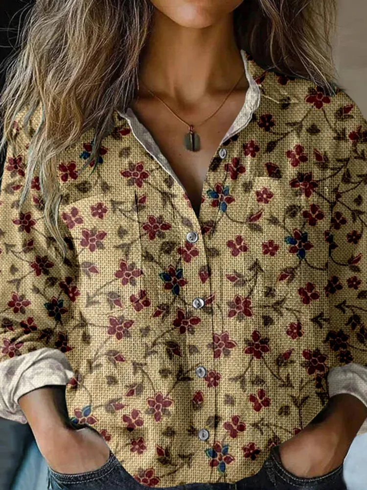 Vintage Floral Art Linen Print Long Sleeve Shirt
