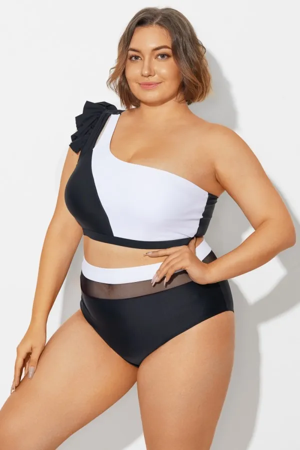 Black＆White Chic One Shoulder Bikini Top