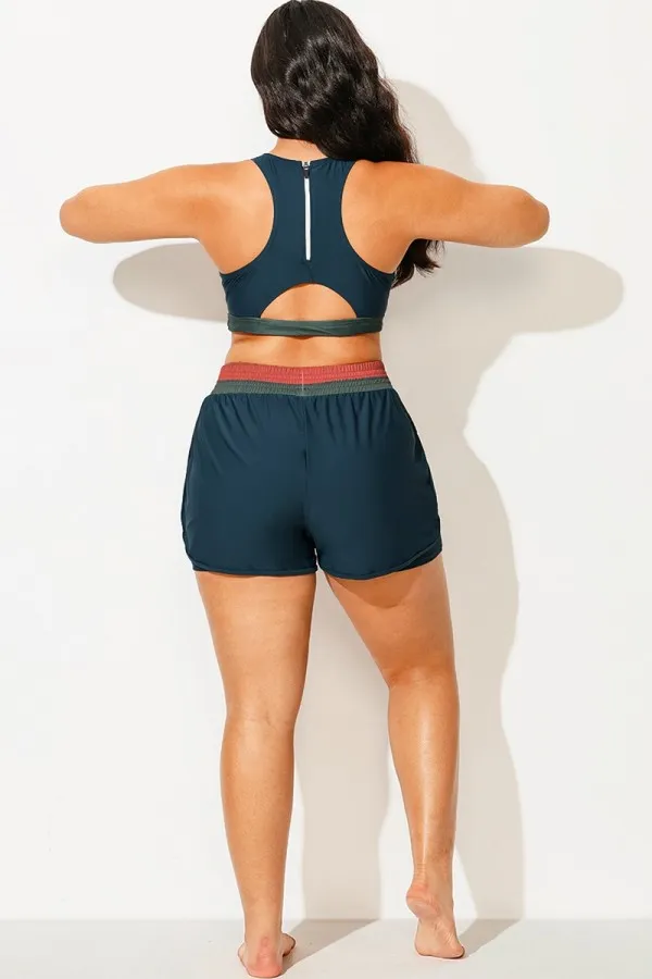 Plus Size Colorblock Patchwork Mid Waist Women Shorts