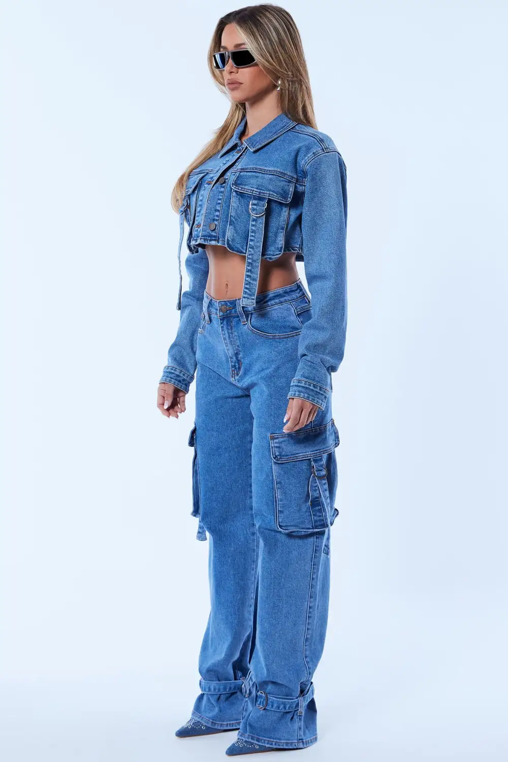 Love Hurts Ankle Strap Cargo Jeans - Medium Blue Wash