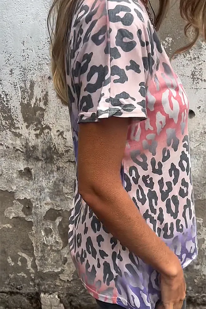 Women's Leopard print gradient V-neck strap casual T-shirt