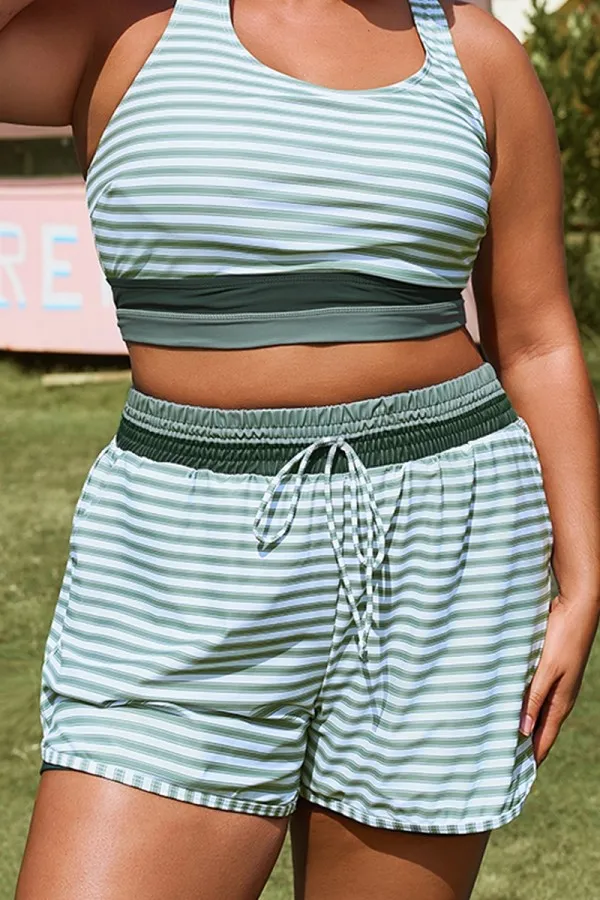 Plus Size Green Striped Mid Waist Women Shorts