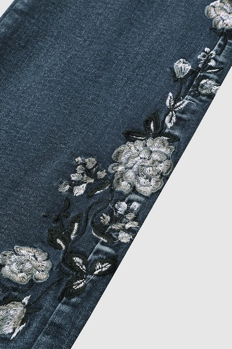 Washed Floral Embroidery Stretchy Mid Waist Bootcut Jeans