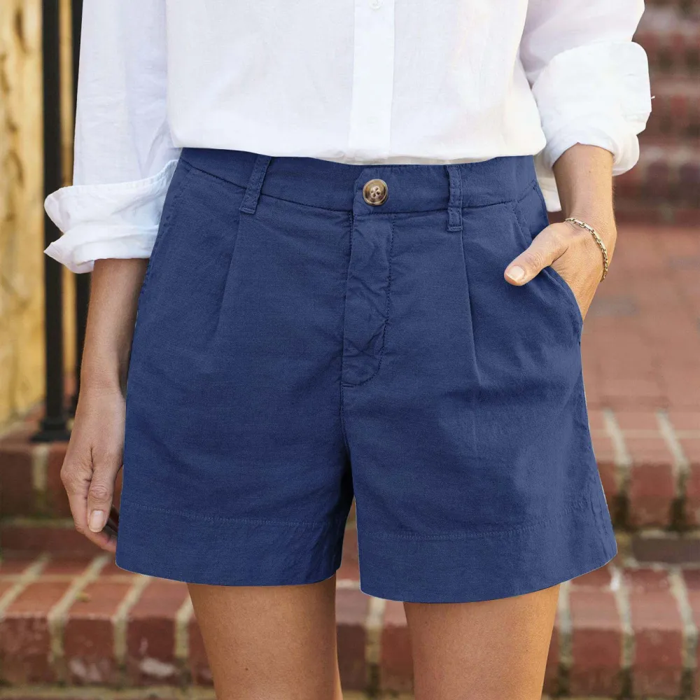 Casual Solid Color Cotton And Linen Button Down Shorts
