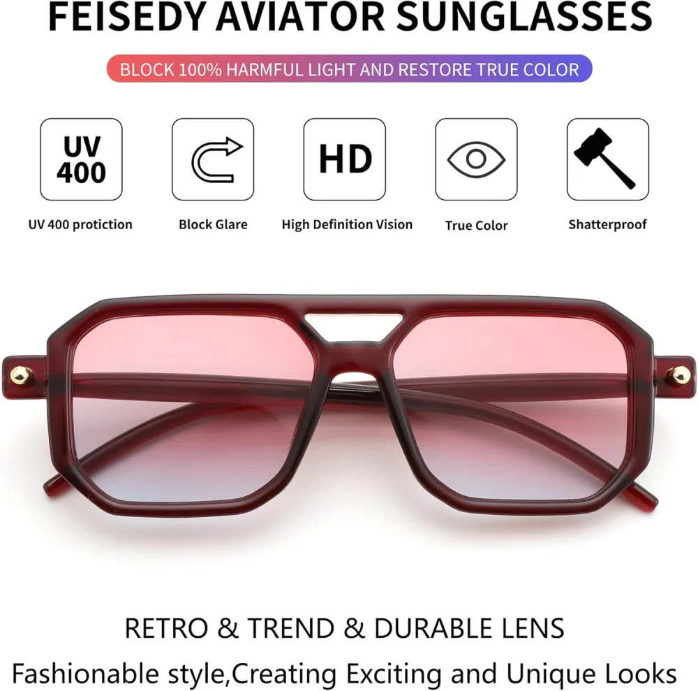 FEISEDY Vintage Square 70s Flat Aviator Sunglasses Women Men Classic Retro Stylish Frame UV400 Sunglasses B2622