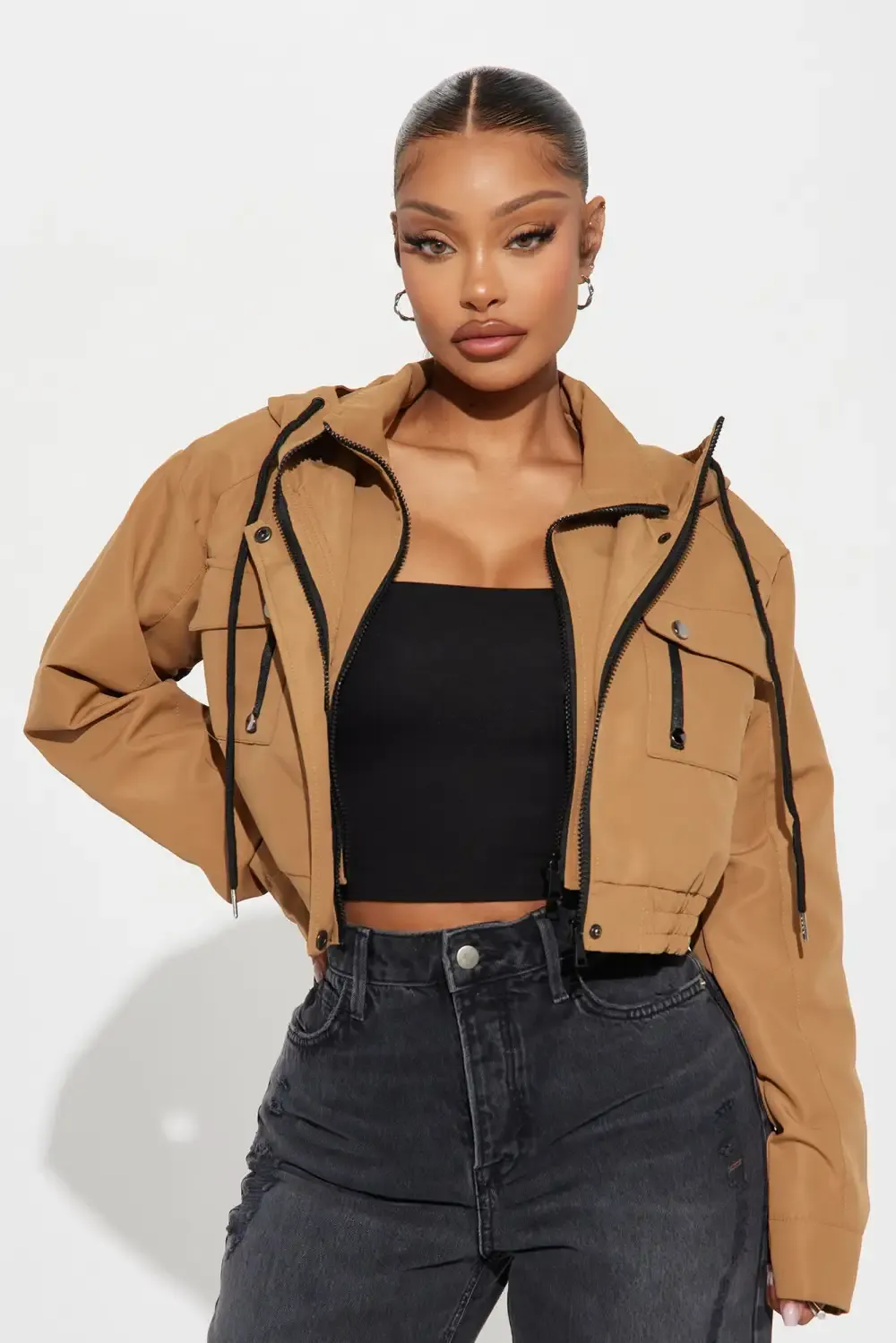 Kelsie Hooded Cropped Jacket - Khaki