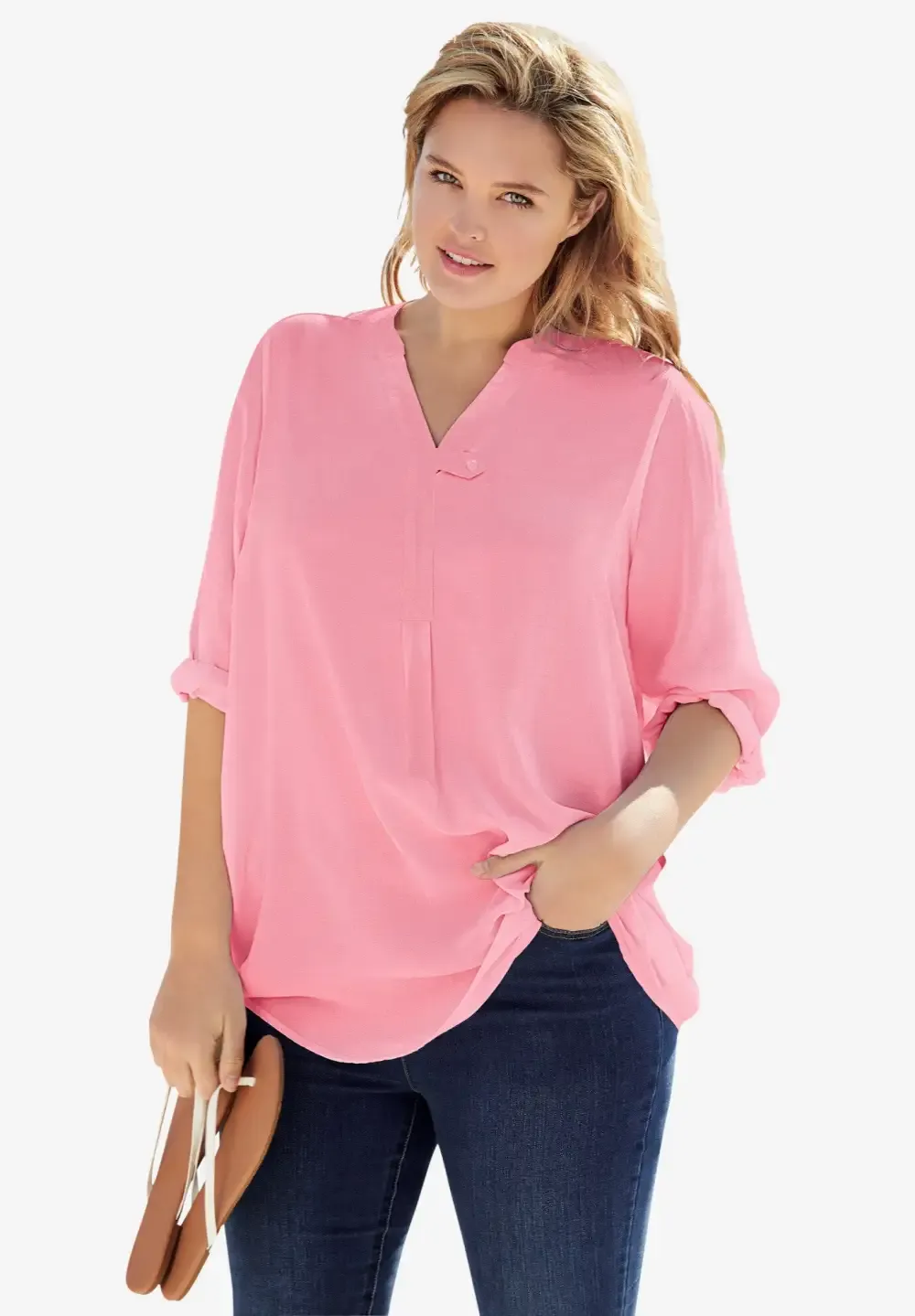 Rayon 7-Day Three-Quarter Sleeve Tab-Front Tunic
