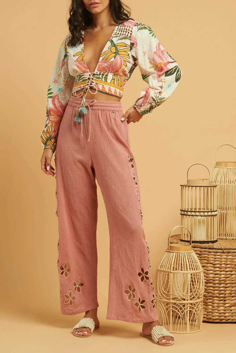 Pink Embroidered Wide Leg Pants