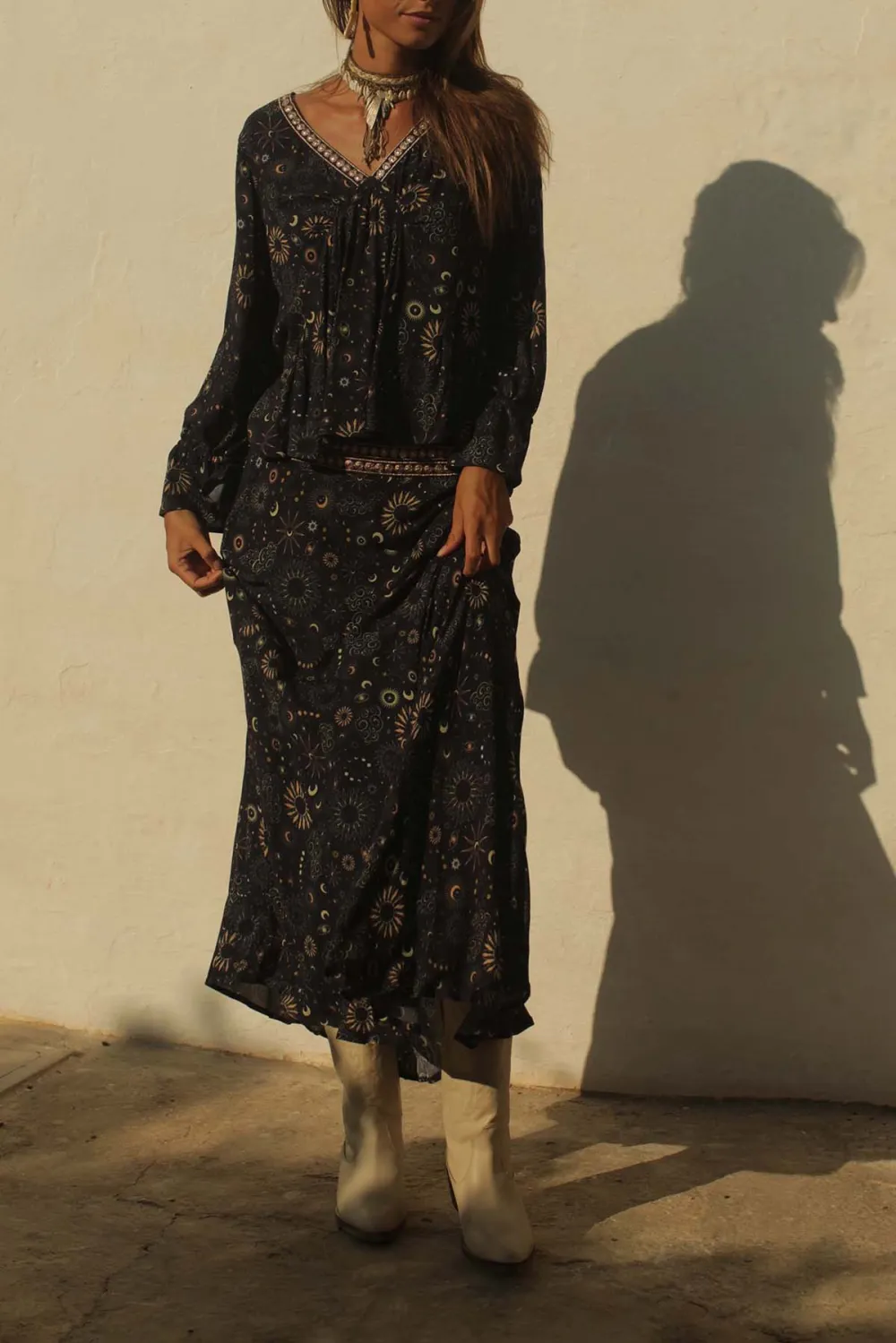Black Bohemian Print Maxi Skirt
